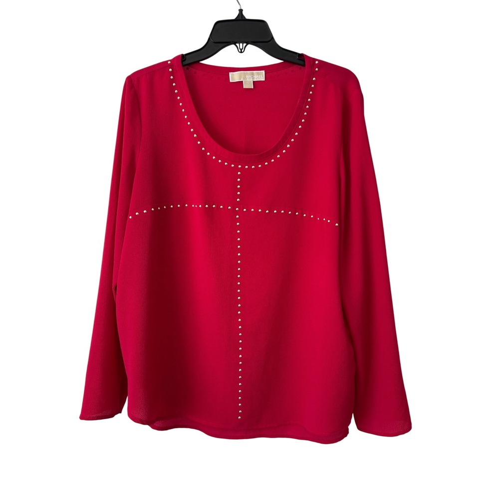 Michael Michael Kors Red Studded Scoop Neck Blouse XL Long Sleeve Crepe Top